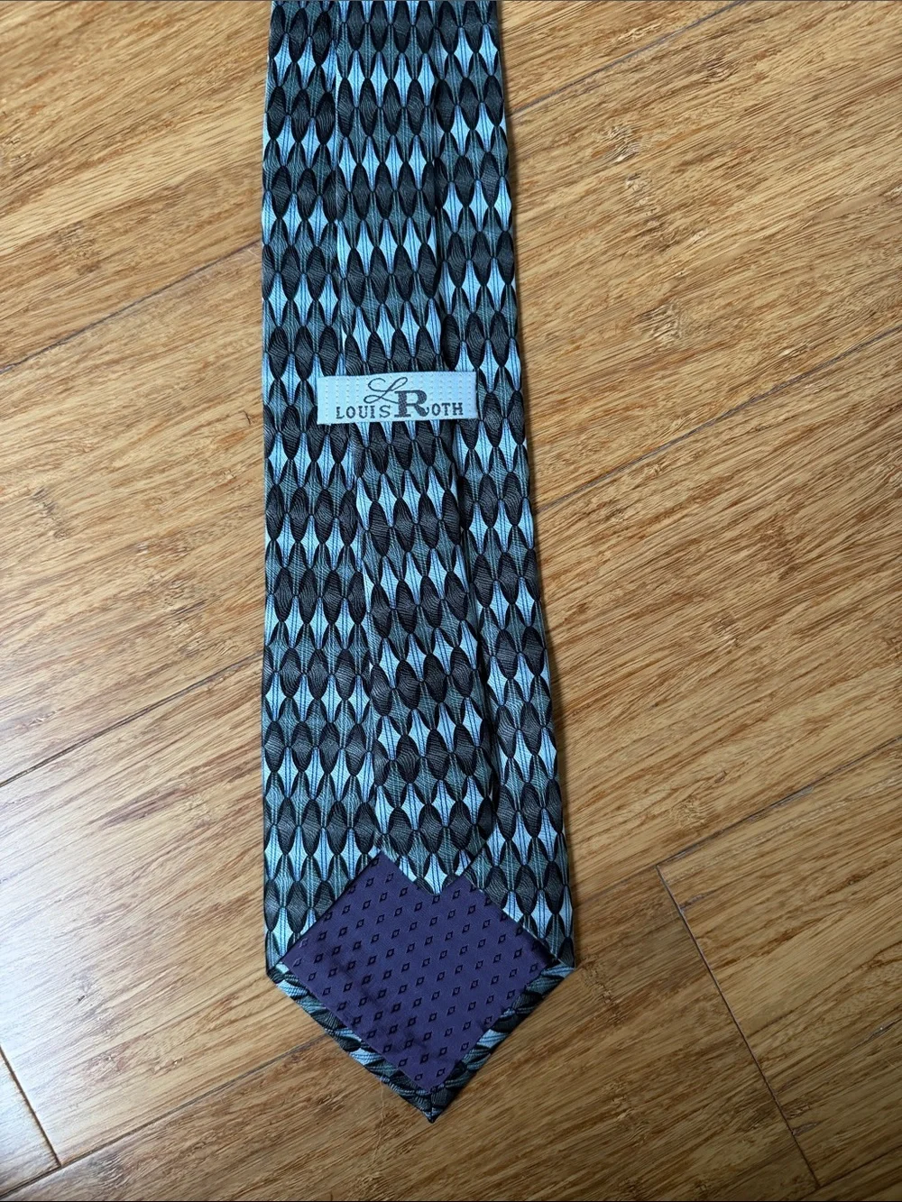 (1T) Louis Roth 100% Silk Handmade Geometric Blue Gray Brown Men’s Necktie